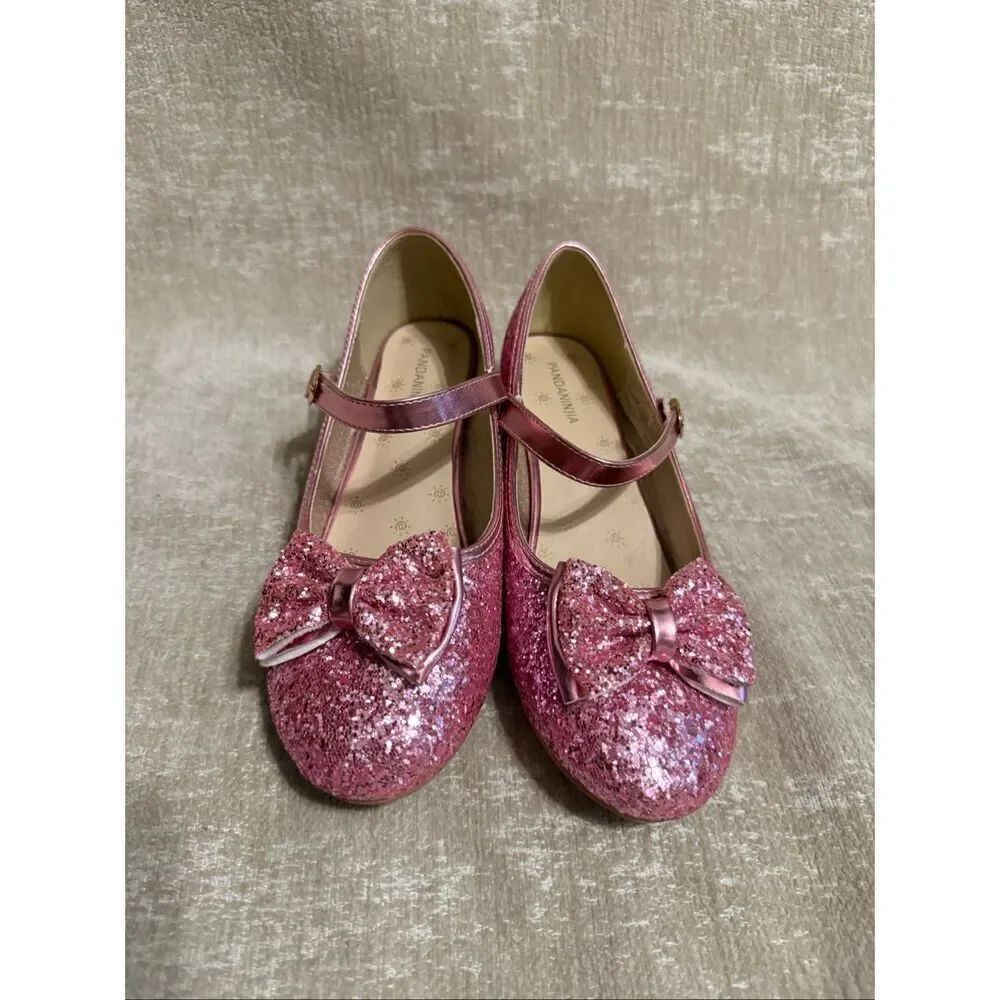 Pandaninja Girls Ruby Glittery Bow Block Heels Mary Jane Dress Shoes Pink Size 5